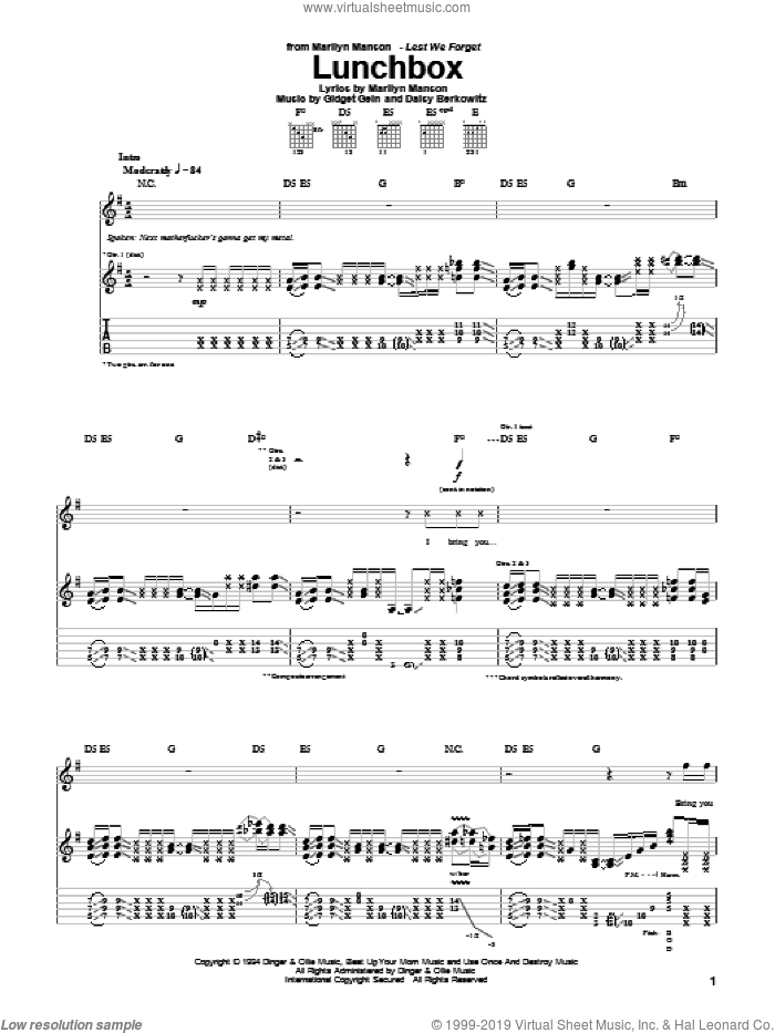 Lunchbox sheet music for guitar (tablature) by Marilyn Manson, Daisy Berkowitz and Gidget Gein, intermediate skill level