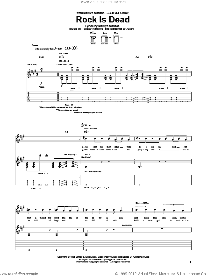 Rock Is Dead sheet music for guitar (tablature) by Marilyn Manson, Madonna W. Gacy and Twiggy Ramirez, intermediate skill level
