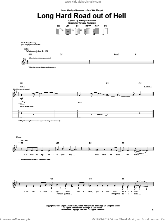 Long Hard Road Out Of Hell sheet music for guitar (tablature) by Marilyn Manson and Twiggy Ramirez, intermediate skill level