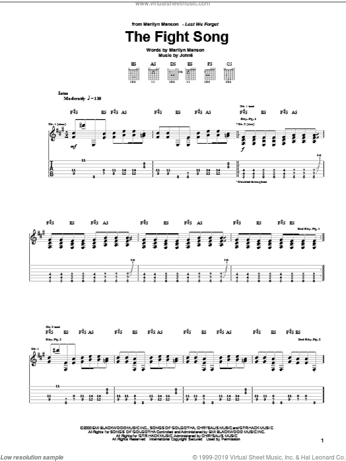 The Fight Song sheet music for guitar (tablature) by Marilyn Manson and John5, intermediate skill level