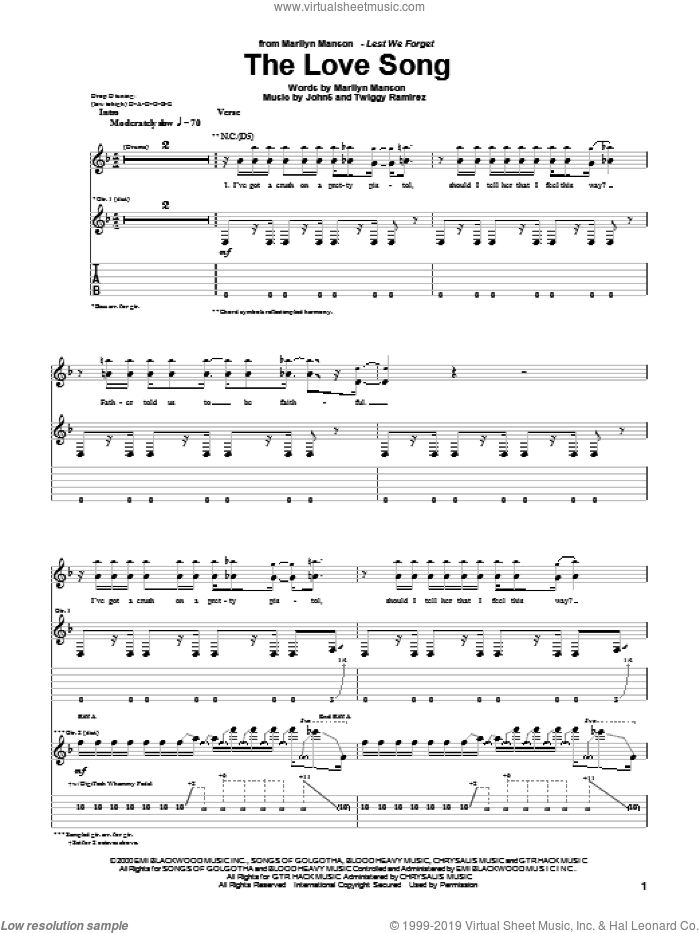 The Love Song sheet music for guitar (tablature) by Marilyn Manson, John5 and Twiggy Ramirez, intermediate skill level
