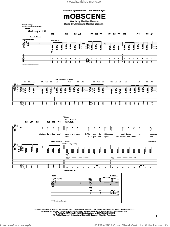 mOBSCENE sheet music for guitar (tablature) by Marilyn Manson and John5, intermediate skill level
