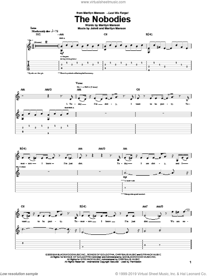 The Nobodies sheet music for guitar (tablature) by Marilyn Manson and John5, intermediate skill level