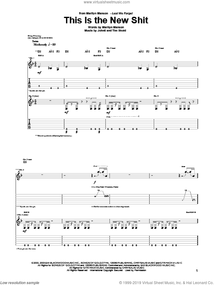 This Is The New Shit sheet music for guitar (tablature) by Marilyn Manson, John5 and Tim Skold, intermediate skill level