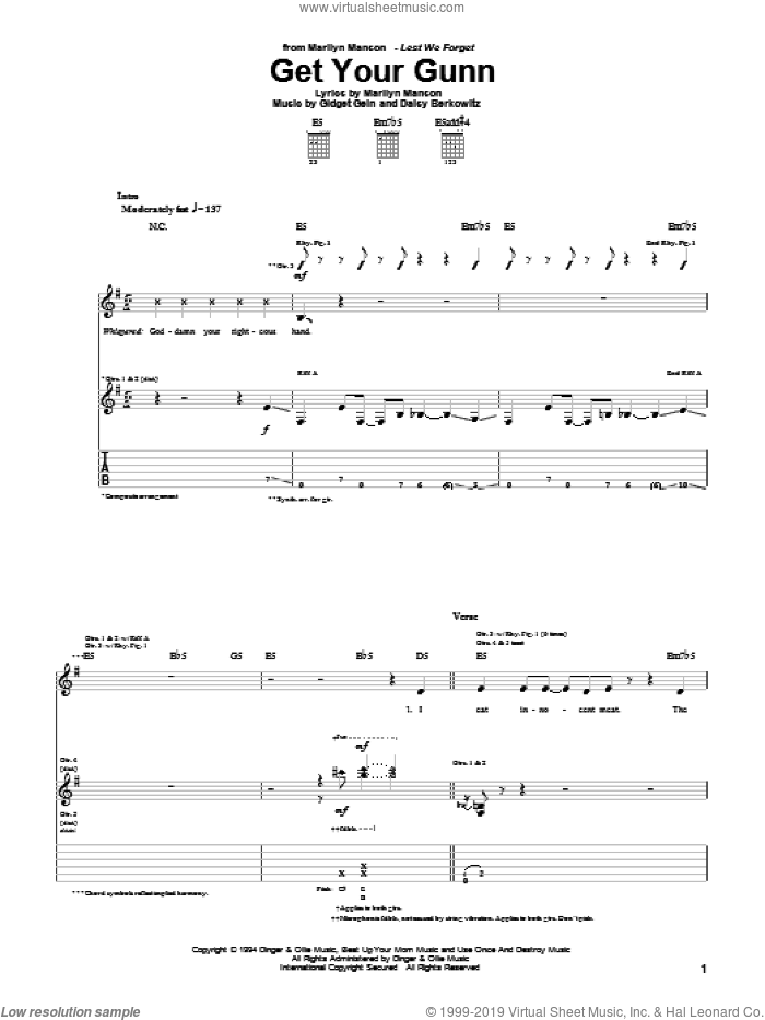 Get Your Gunn sheet music for guitar (tablature) by Marilyn Manson, Daisy Berkowitz and Gidget Gein, intermediate skill level