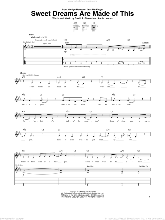 Sweet Dreams (Are Made Of This) sheet music for guitar (tablature) by Marilyn Manson, Eurythmics, Annie Lennox and Dave Stewart, intermediate skill level