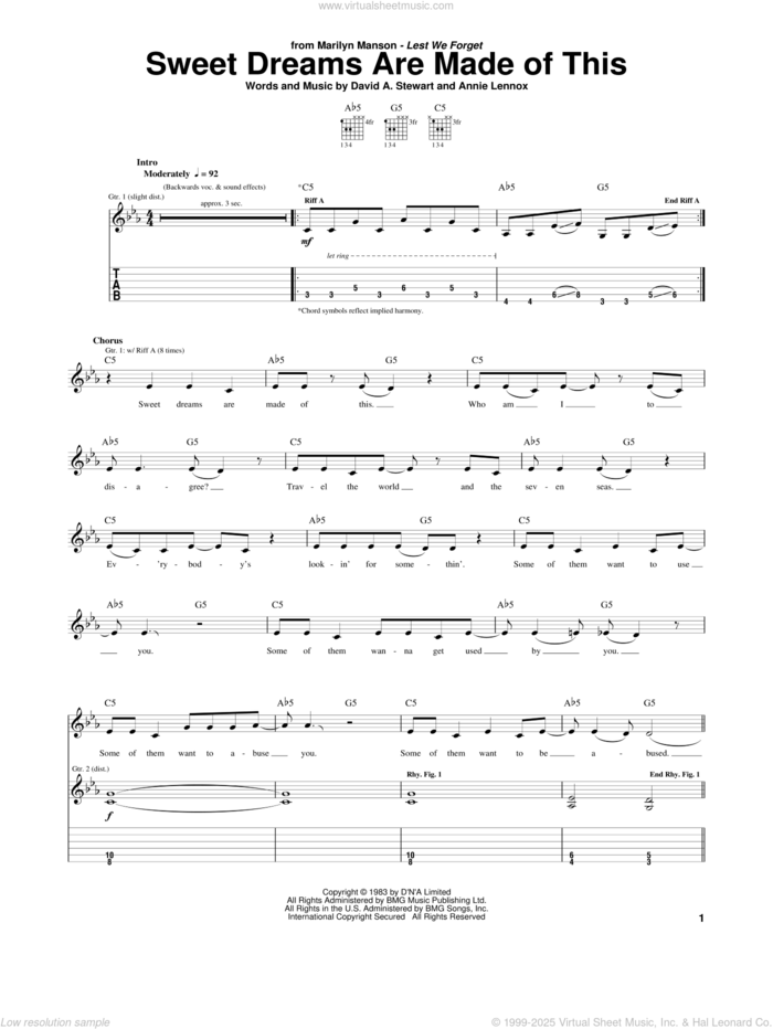 Sweet Dreams (Are Made Of This) sheet music for guitar (tablature) by Marilyn Manson, Eurythmics, Annie Lennox and Dave Stewart, intermediate skill level