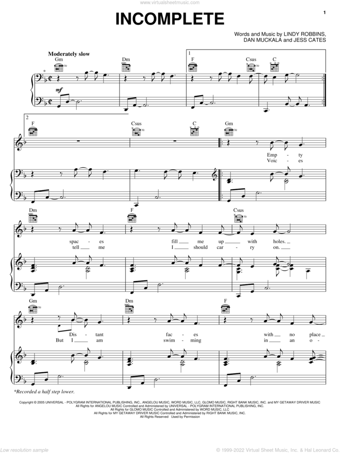 Incomplete sheet music for voice, piano or guitar by Backstreet Boys, Dan Muckala, Jess Cates and Lindy Robbins, intermediate skill level