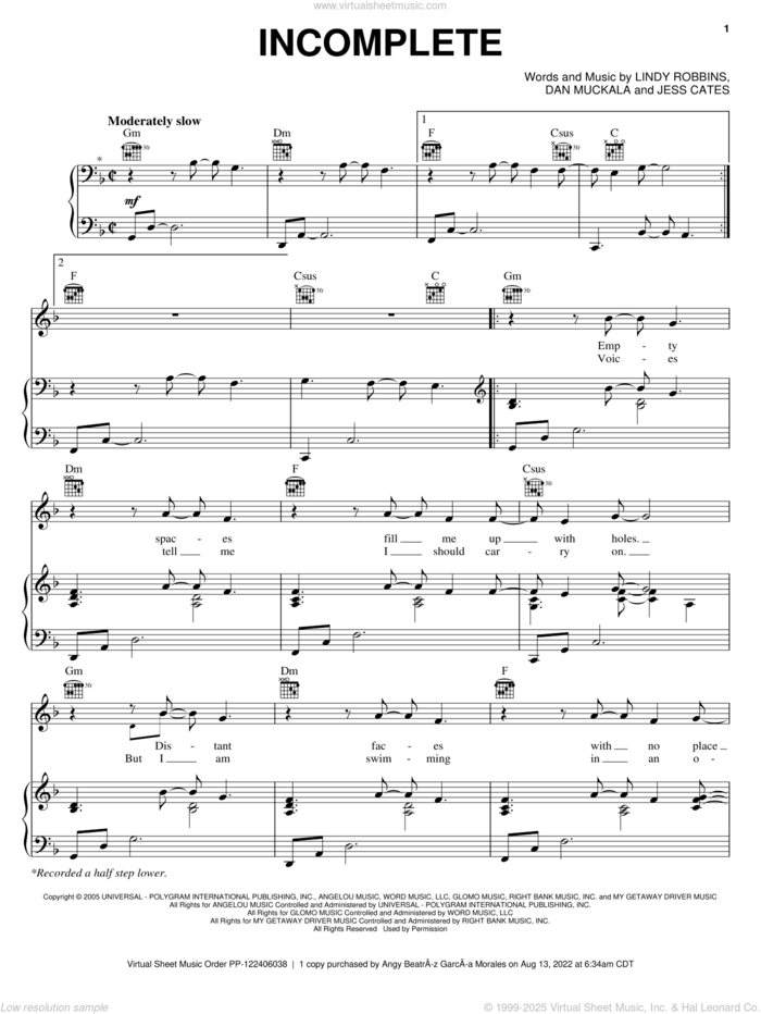 Incomplete sheet music for voice, piano or guitar by Backstreet Boys, Dan Muckala, Jess Cates and Lindy Robbins, intermediate skill level