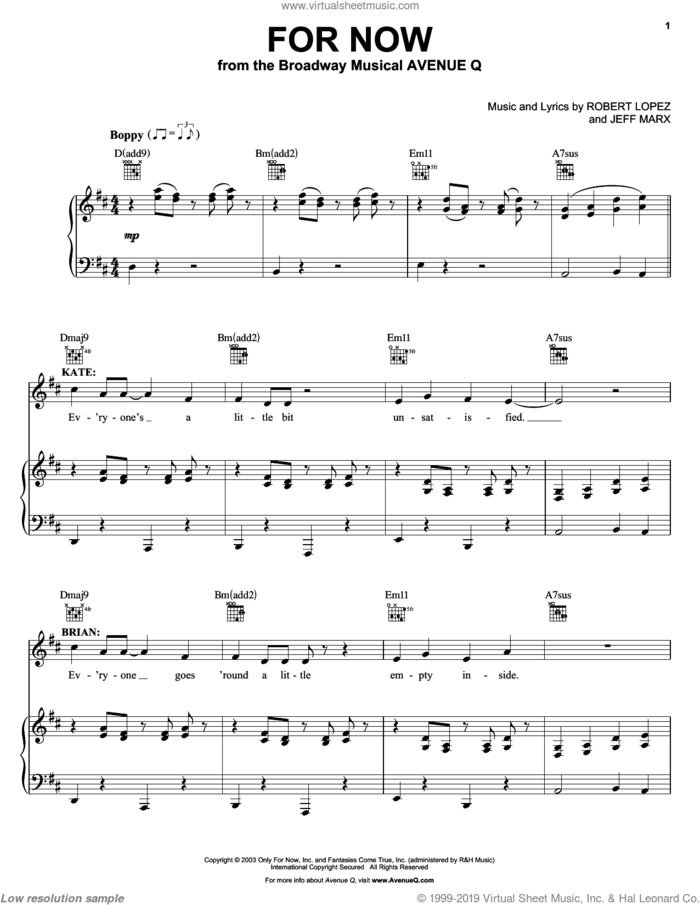For Now (from Avenue Q) sheet music for voice and piano by Avenue Q, Jeff Marx, Robert Lopez and Robert Lopez & Jeff Marx, intermediate skill level