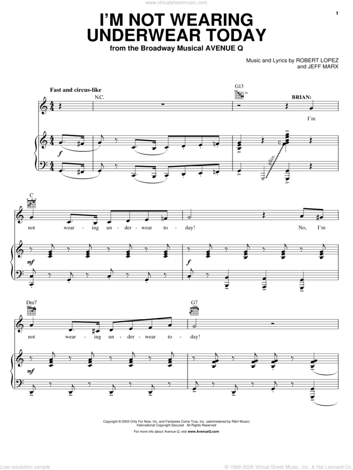 I'm Not Wearing Underwear Today (from Avenue Q) sheet music for voice and piano by Avenue Q, Jeff Marx, Robert Lopez and Robert Lopez & Jeff Marx, intermediate skill level