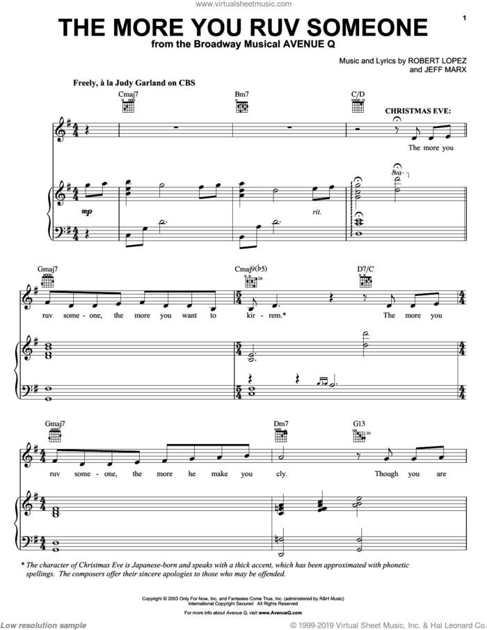 The More You Ruv Someone (from Avenue Q) sheet music for voice and piano by Avenue Q, Jeff Marx, Robert Lopez and Robert Lopez & Jeff Marx, intermediate skill level