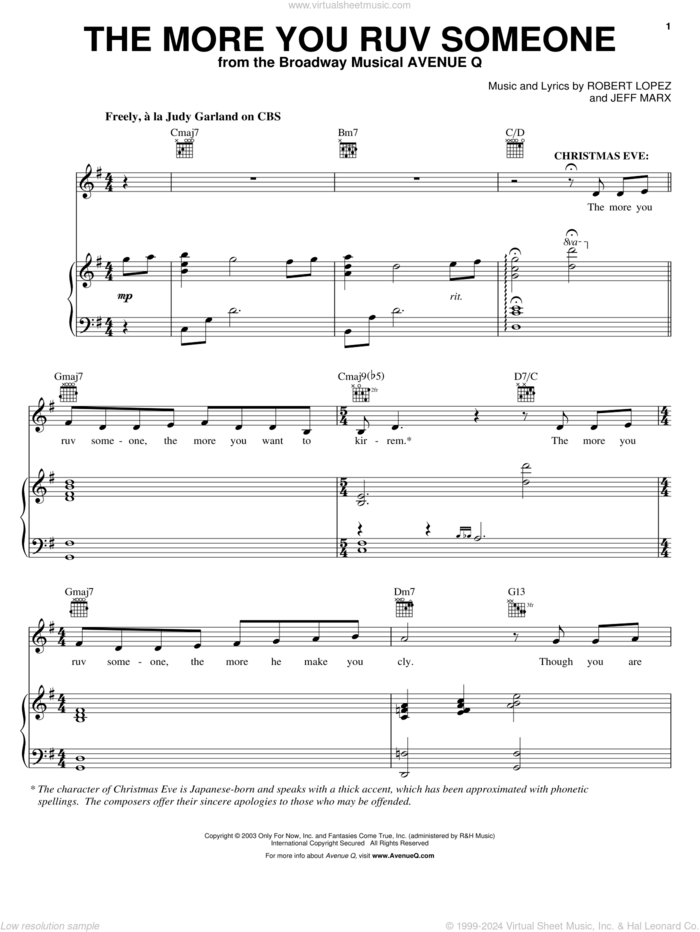 The More You Ruv Someone (from Avenue Q) sheet music for voice and piano by Avenue Q, Jeff Marx, Robert Lopez and Robert Lopez & Jeff Marx, intermediate skill level