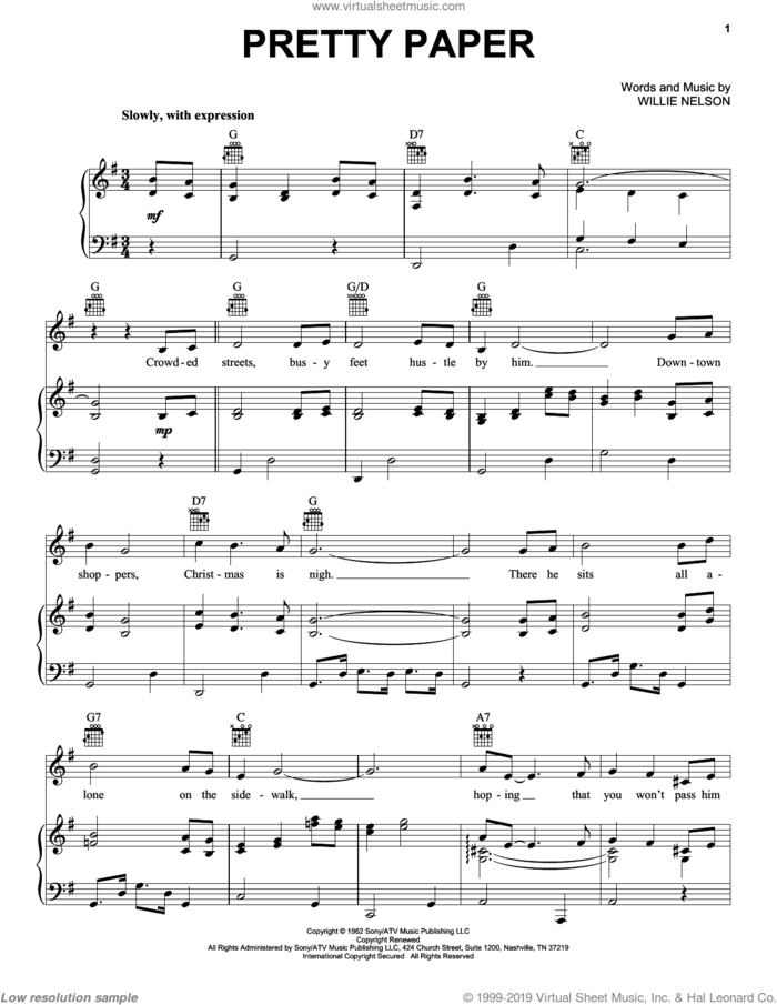 Pretty Paper sheet music for voice, piano or guitar by Roy Orbison and Willie Nelson, intermediate skill level
