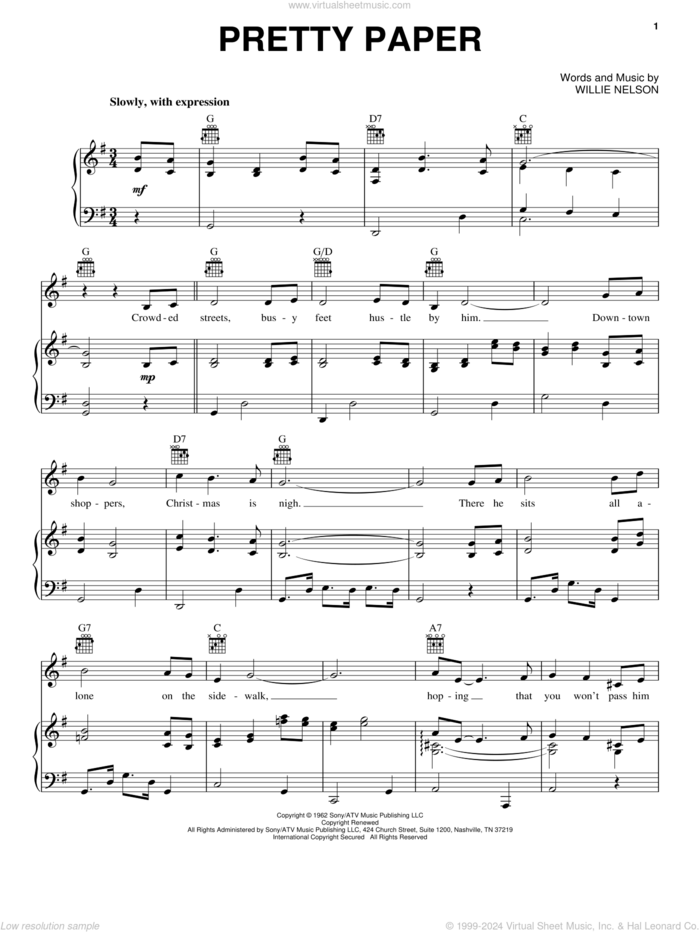 Pretty Paper sheet music for voice, piano or guitar by Roy Orbison and Willie Nelson, intermediate skill level