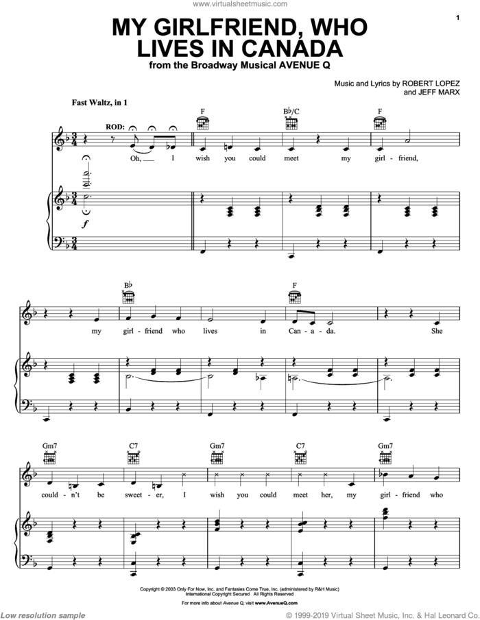 My Girlfriend, Who Lives In Canada (from Avenue Q) sheet music for voice and piano by Avenue Q, Jeff Marx, Robert Lopez and Robert Lopez & Jeff Marx, intermediate skill level