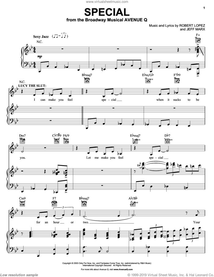 Special (from Avenue Q) sheet music for voice and piano by Avenue Q, Jeff Marx, Robert Lopez and Robert Lopez & Jeff Marx, intermediate skill level