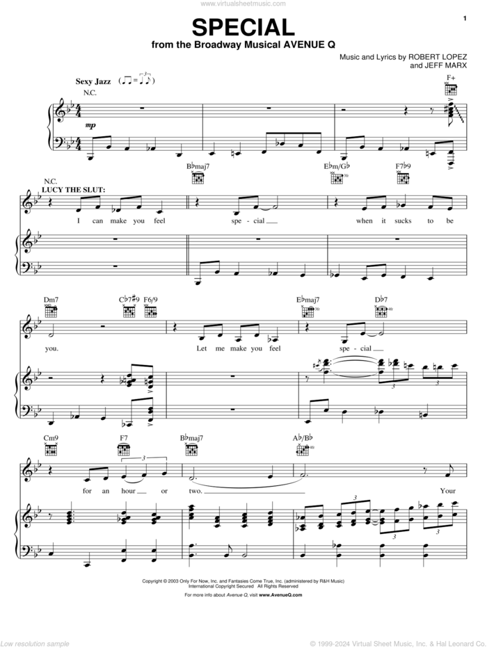 Special (from Avenue Q) sheet music for voice and piano by Avenue Q, Jeff Marx, Robert Lopez and Robert Lopez & Jeff Marx, intermediate skill level