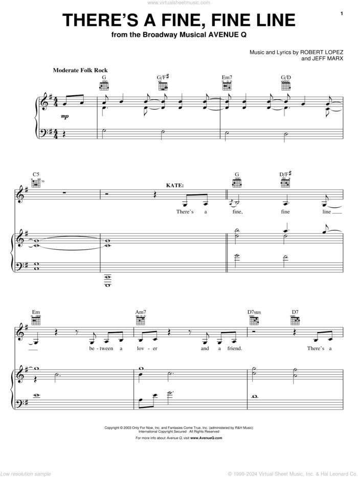 There's A Fine, Fine Line sheet music for voice and piano by Avenue Q, Jeff Marx and Robert Lopez, intermediate skill level