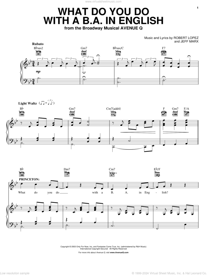 What Do You Do With A B.A. In English (from Avenue Q) sheet music for voice and piano by Avenue Q, Jeff Marx, Robert Lopez and Robert Lopez & Jeff Marx, intermediate skill level