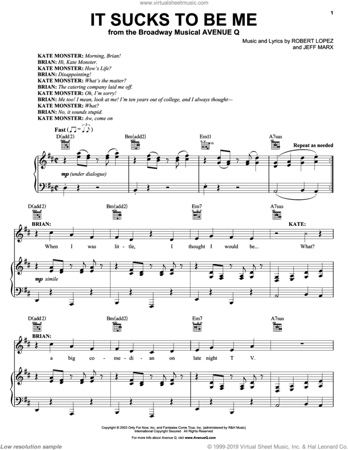 It Sucks To Be Me (from Avenue Q) sheet music for voice and piano by Avenue Q, Jeff Marx, Robert Lopez and Robert Lopez & Jeff Marx, intermediate skill level