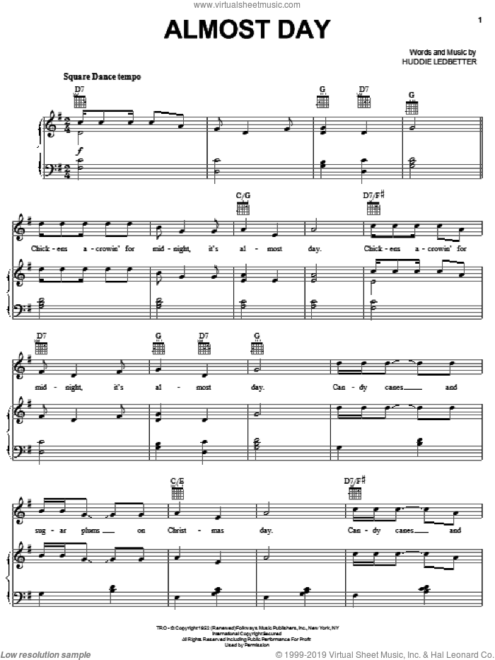 Almost Day sheet music for voice, piano or guitar by Lead Belly and Huddie Ledbetter, intermediate skill level