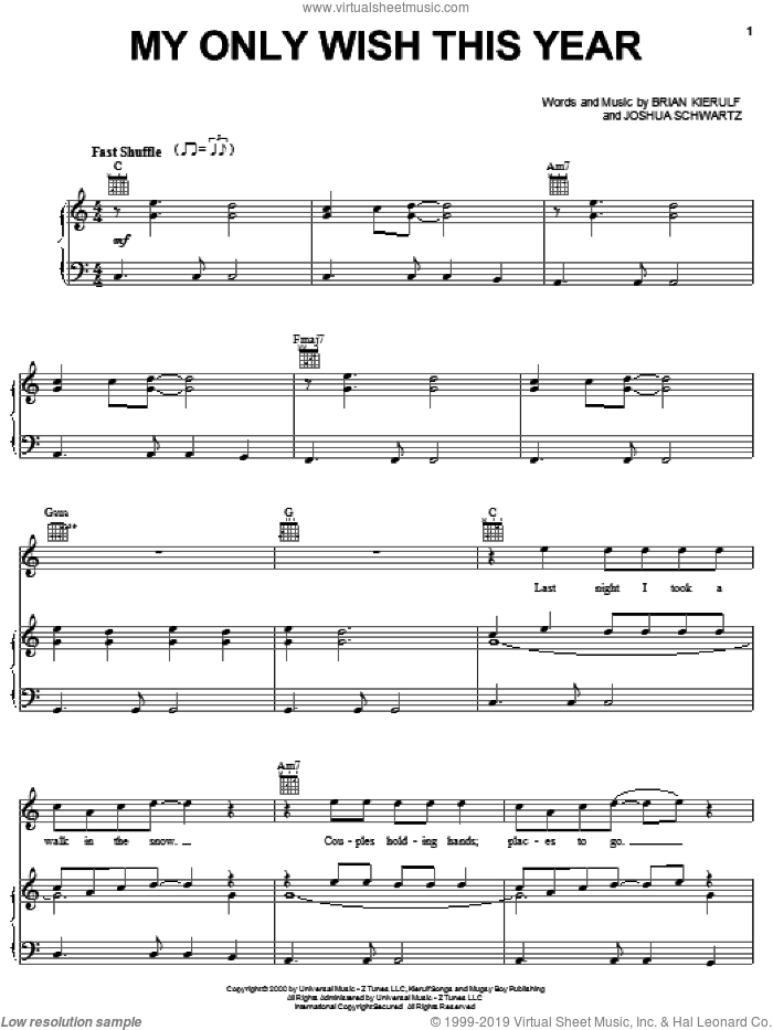 My Only Wish This Year sheet music for voice, piano or guitar by Britney Spears, Brian Kierulf and Joshua Schwartz, intermediate skill level