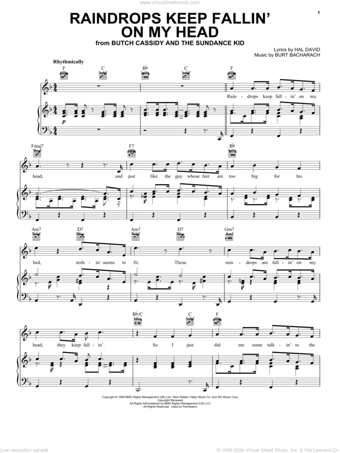 Raindrops Keep Fallin' On My Head sheet music for voice, piano or guitar by B.J. Thomas, Bacharach & David, Burt Bacharach and Hal David, intermediate skill level