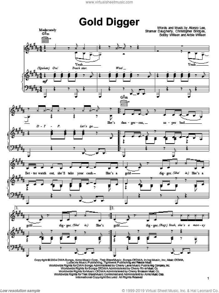 Gold Digger sheet music for voice, piano or guitar by Ludacris featuring Bobby V. and Lil' Fate, Bobby V., Ludacris, Shark Tale (Movie), Alonzo Lee, Arbie Wilson, Bobby Wilson, Christopher Bridges and Shamar Daugherty, intermediate skill level