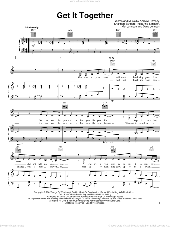 Get It Together sheet music for voice, piano or guitar by India Arie, Shark Tale (Movie), Andrew Ramsey, Dana Johnson, India Arie Simpson, Mel Johnson and Shannon Sanders, intermediate skill level