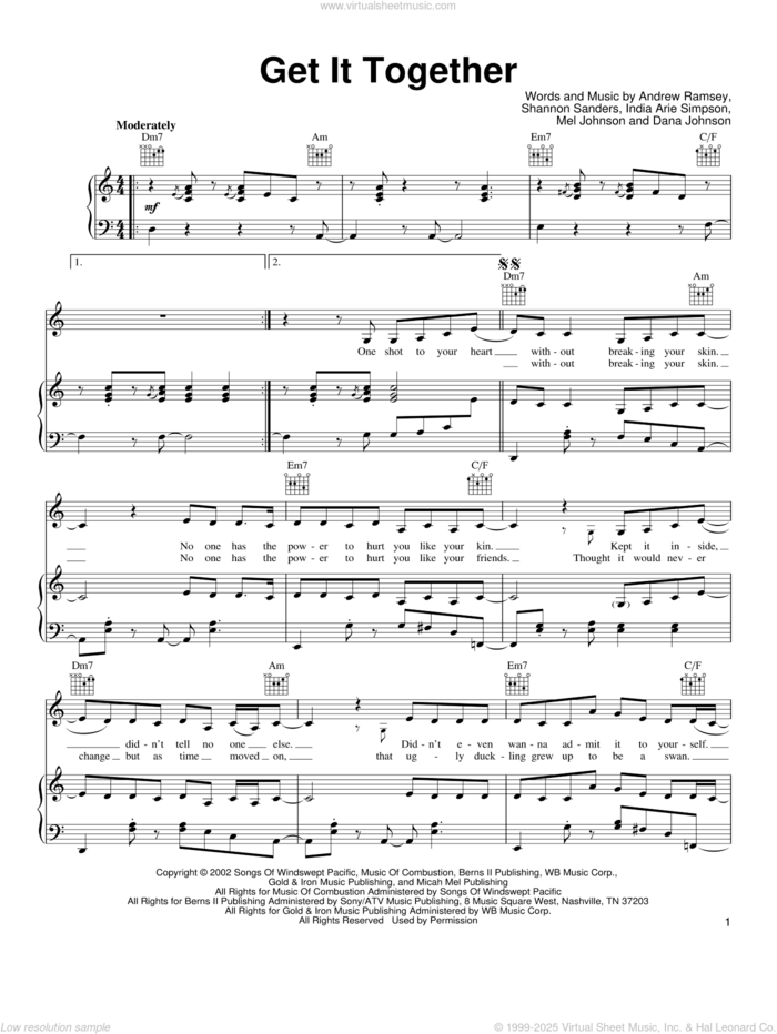 Get It Together sheet music for voice, piano or guitar by India Arie, Shark Tale (Movie), Andrew Ramsey, Dana Johnson, India Arie Simpson, Mel Johnson and Shannon Sanders, intermediate skill level