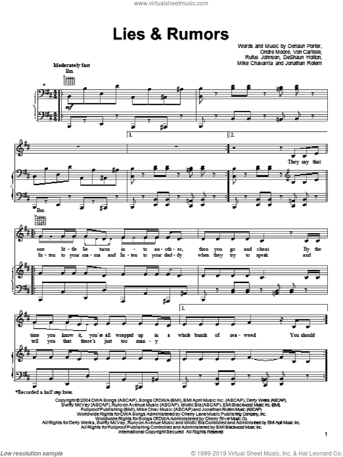 Lies and Rumors sheet music for voice, piano or guitar by D12, Shark Tale (Movie), Denaun Porter, DeShaun Holton, Jonathan Rotem, Mike Chavarria, Ondre Moore, Rufus Johnson and Von Carlisle, intermediate skill level
