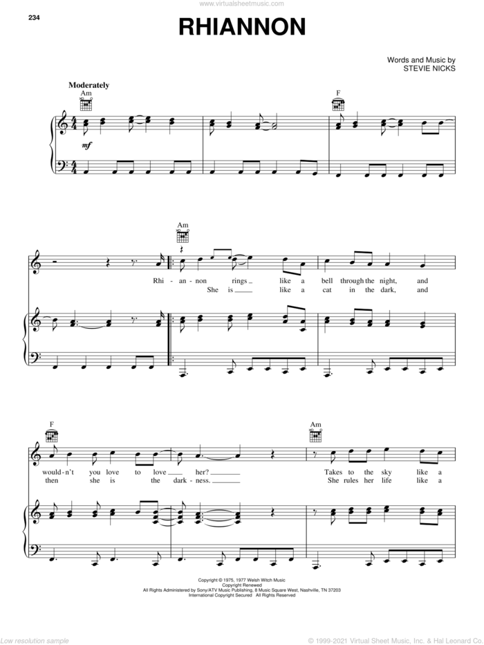 Rhiannon sheet music for voice, piano or guitar by Fleetwood Mac and Stevie Nicks, intermediate skill level