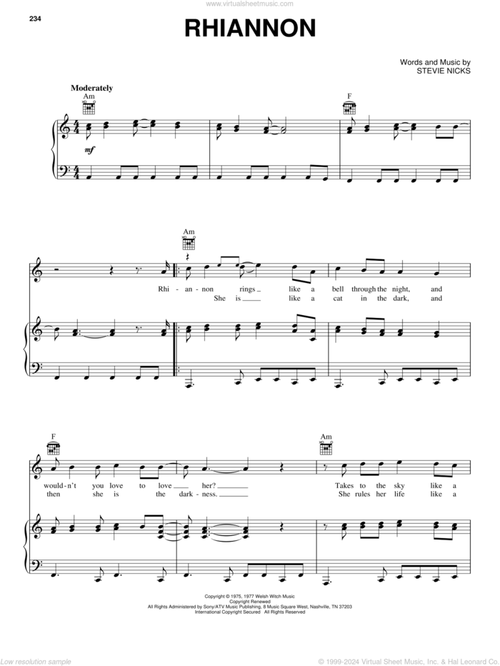 Rhiannon sheet music for voice, piano or guitar by Fleetwood Mac and Stevie Nicks, intermediate skill level