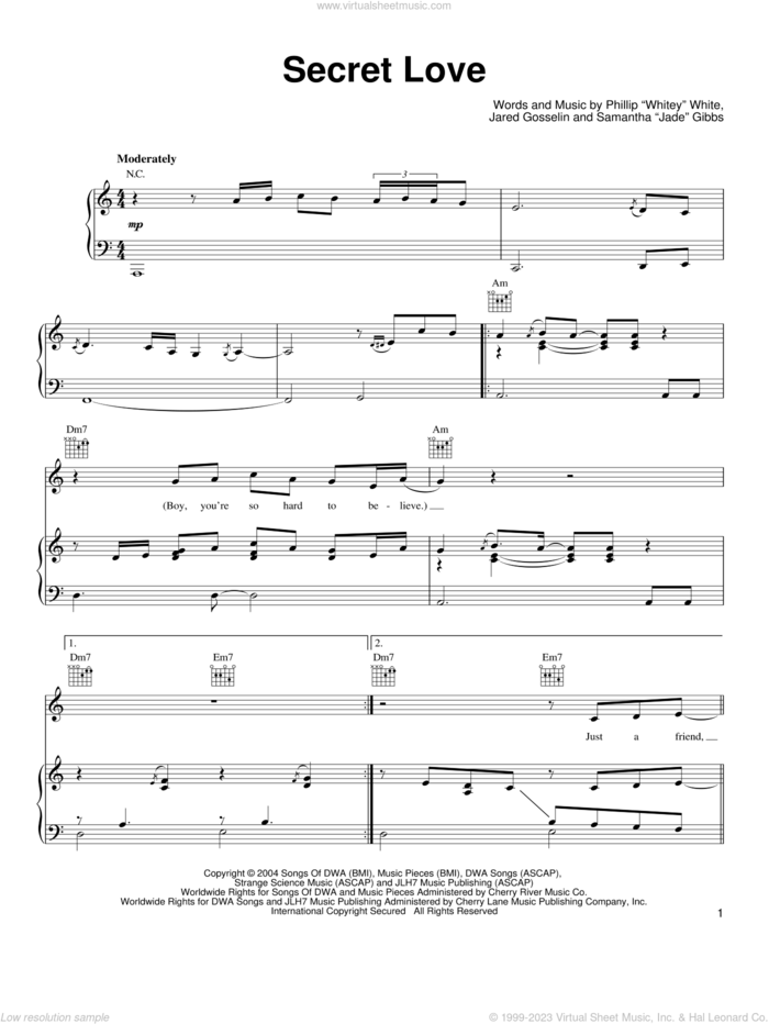Secret Love sheet music for voice, piano or guitar by JoJo, Shark Tale (Movie), Jared Gosselin, Phillip 'Whitey' White and Samantha 'Jade' Gibbs, intermediate skill level