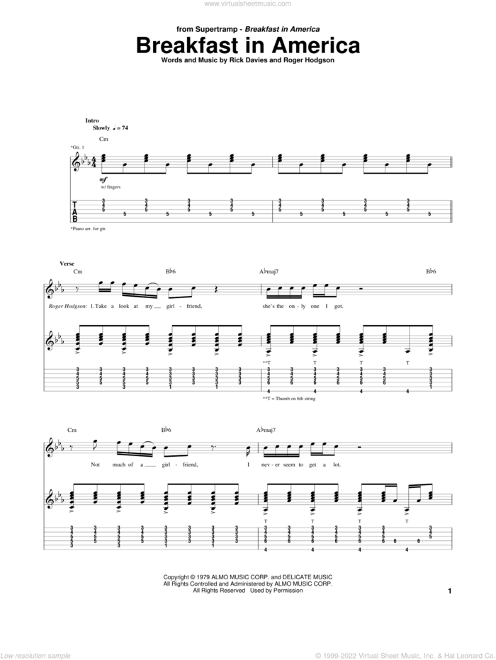 Breakfast In America sheet music for guitar (tablature) by Supertramp, Rick Davies and Roger Hodgson, intermediate skill level