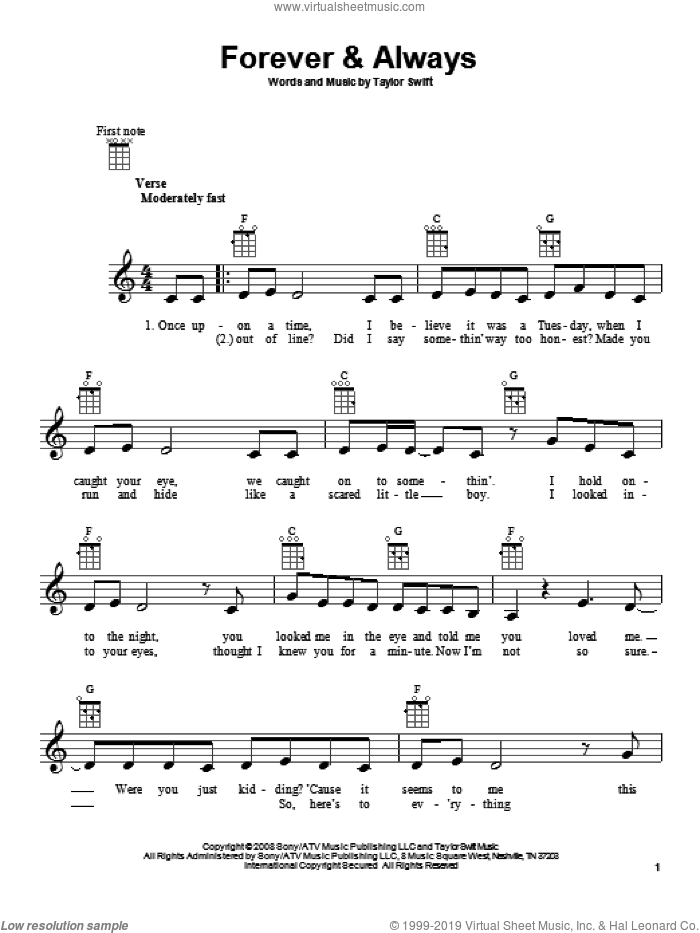 Forever and Always sheet music for ukulele by Taylor Swift, intermediate skill level