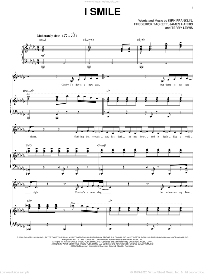 I Smile sheet music for voice, piano or guitar by Kirk Franklin, Frederick Tackett, James Harris and Terry Lewis, intermediate skill level