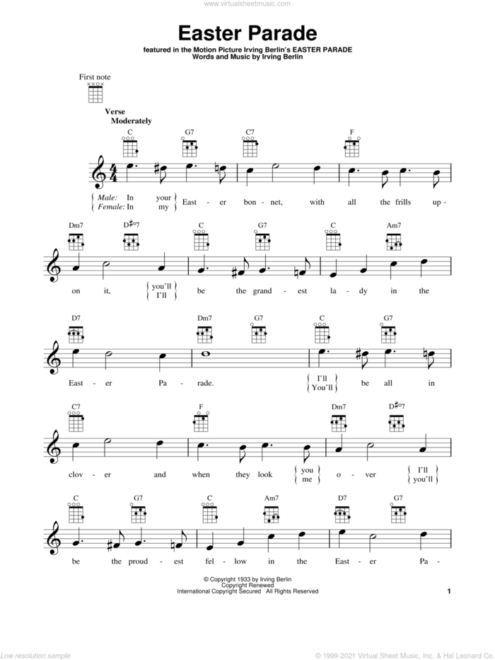 Easter Parade sheet music for ukulele by Irving Berlin, intermediate skill level
