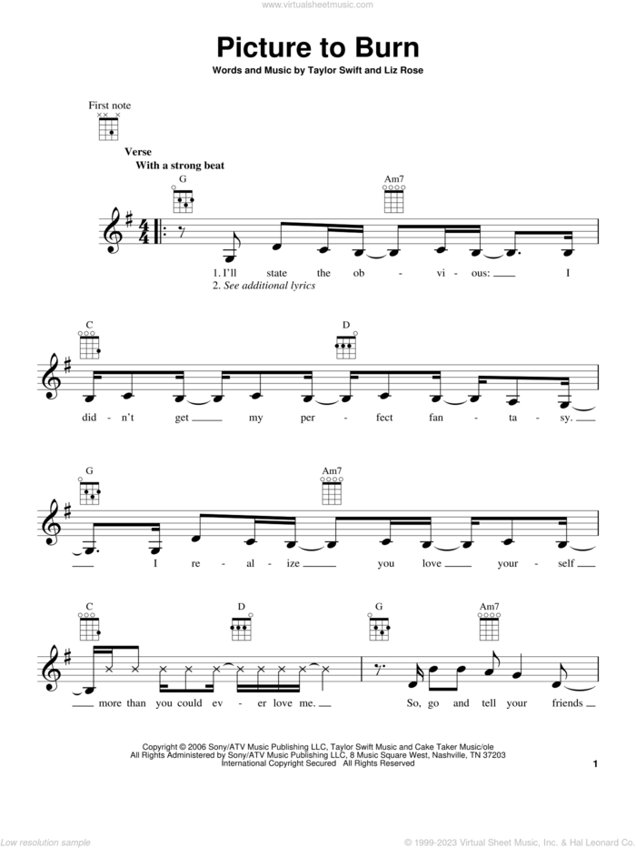 Picture To Burn sheet music for ukulele by Taylor Swift and Liz Rose, intermediate skill level