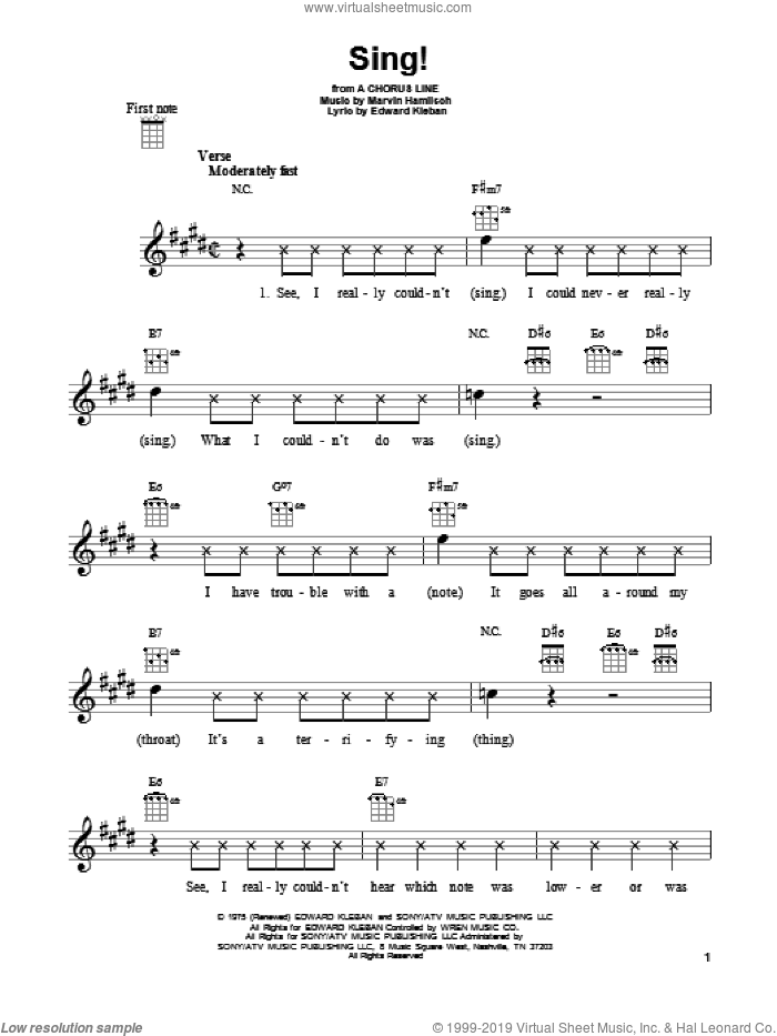 Sing! sheet music for ukulele by Marvin Hamlisch, A Chorus Line (Musical) and Edward Kleban, intermediate skill level