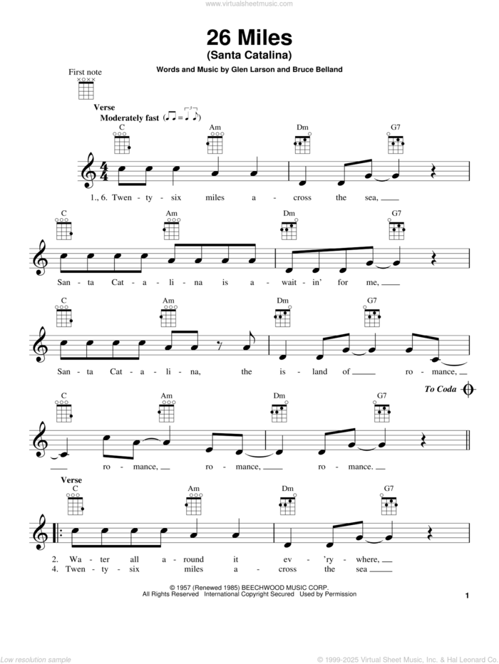 26 Miles (Santa Catalina) sheet music for ukulele by Four Preps, Bruce Belland and Glen Larson, intermediate skill level