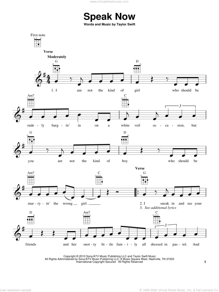 Speak Now sheet music for ukulele by Taylor Swift, intermediate skill level