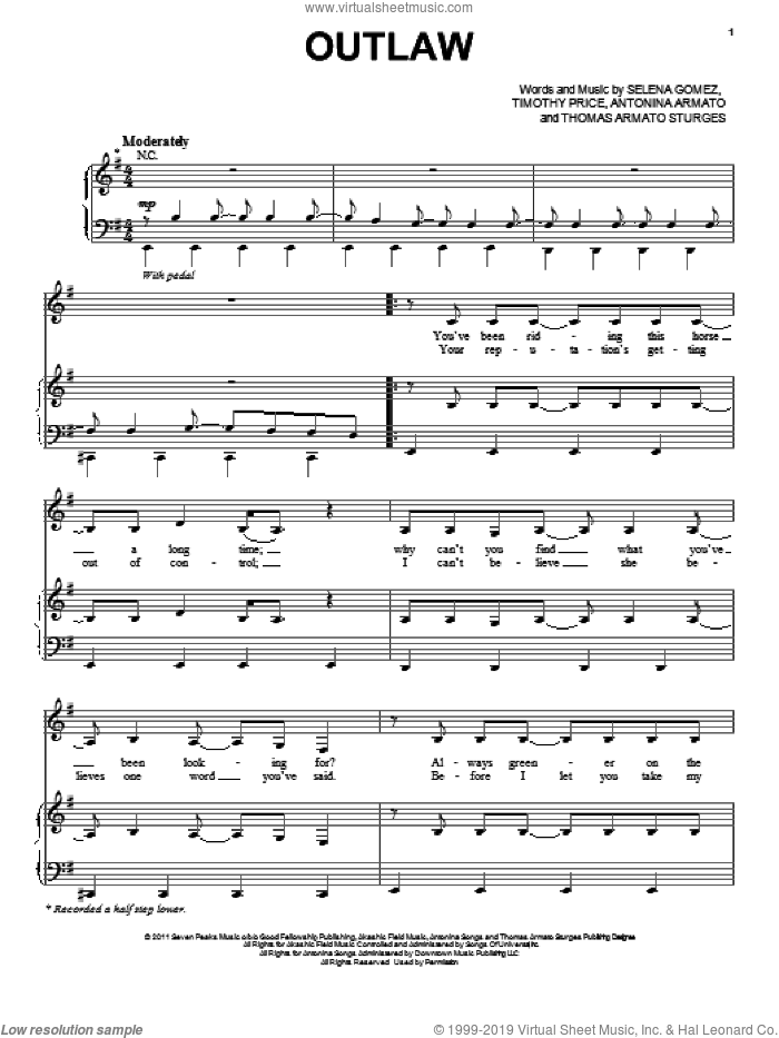 Outlaw sheet music for voice, piano or guitar by Selena Gomez, Antonina Armato, Thomas Armato Sturges and Timothy Price, intermediate skill level