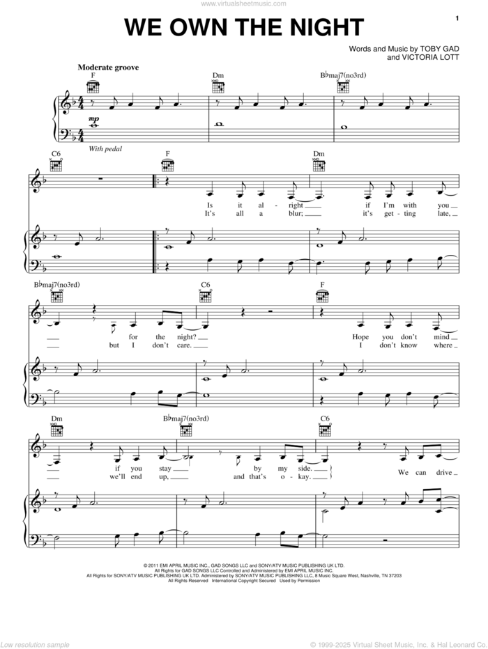 We Own The Night sheet music for voice, piano or guitar by Selena Gomez, Toby Gad and Victoria Lott, intermediate skill level