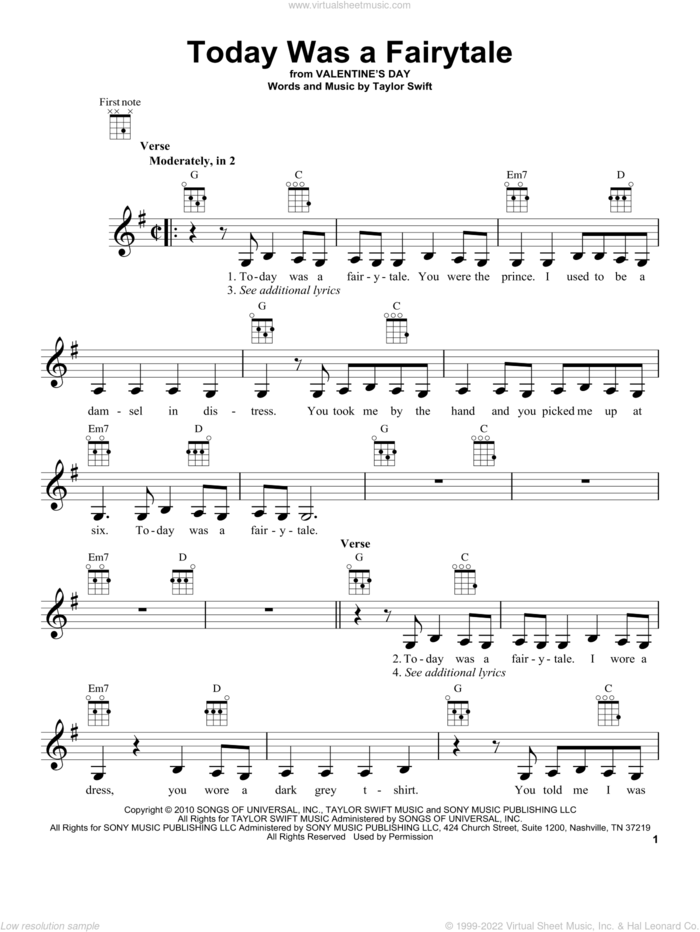 Today Was A Fairytale sheet music for ukulele by Taylor Swift, intermediate skill level