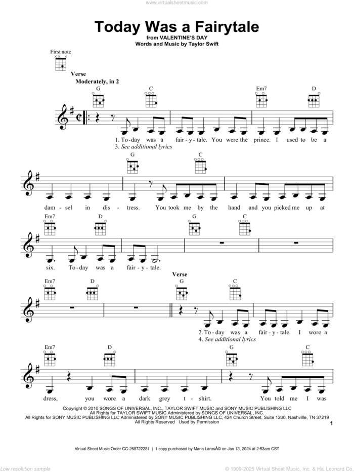 Today Was A Fairytale sheet music for ukulele by Taylor Swift, intermediate skill level