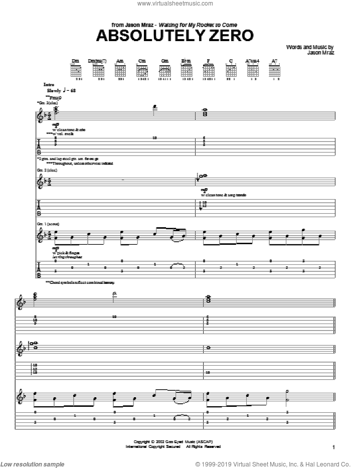 Absolutely Zero sheet music for guitar (tablature) by Jason Mraz, intermediate skill level