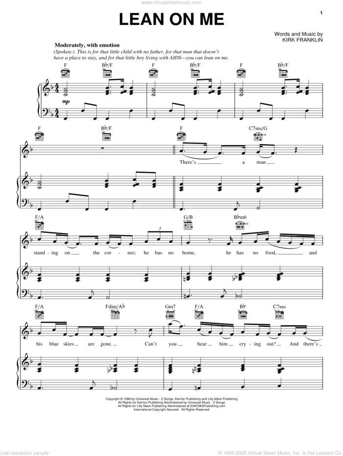 Lean On Me sheet music for voice, piano or guitar by Kirk Franklin, intermediate skill level