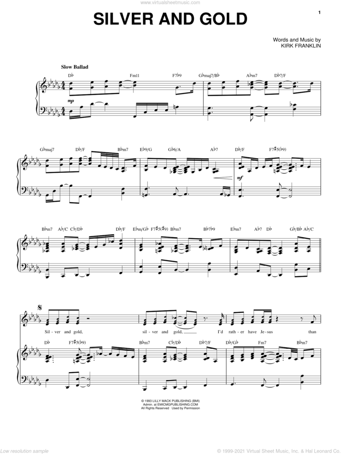 Silver And Gold sheet music for voice, piano or guitar by Kirk Franklin, intermediate skill level